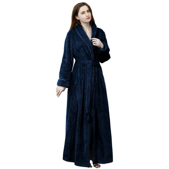 LOFIR Fleece Robe for Women Soft Warm Long Plush Bathrobe Slim Elastic Ladies Sleepwear Housecoats (S/M, Navy Blue)