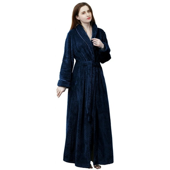 LOFIR Fleece Robe for Women Soft Warm Long Plush Bathrobe Slim Elastic Ladies Sleepwear Housecoats (S/M, Navy Blue)