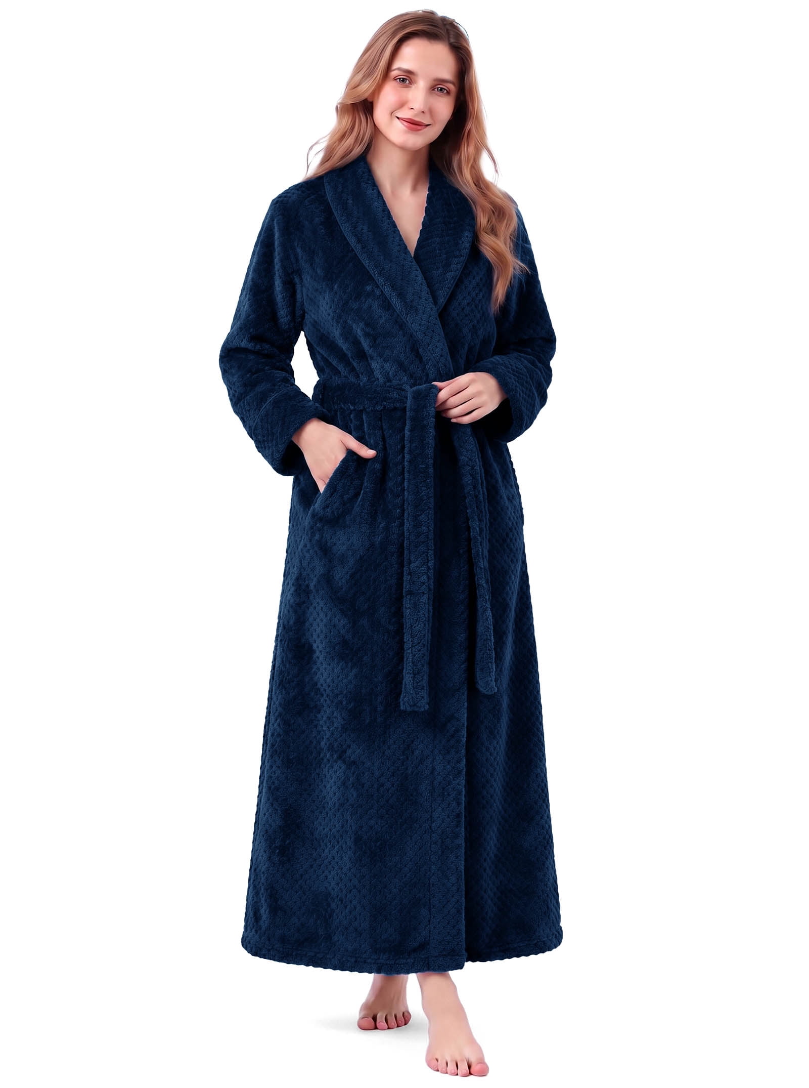 Fleece Robe for Women Soft Warm Long Plush Bathrobe Slim Elastic Ladies Sleepwear Housecoats (S/M, Navy Blue)