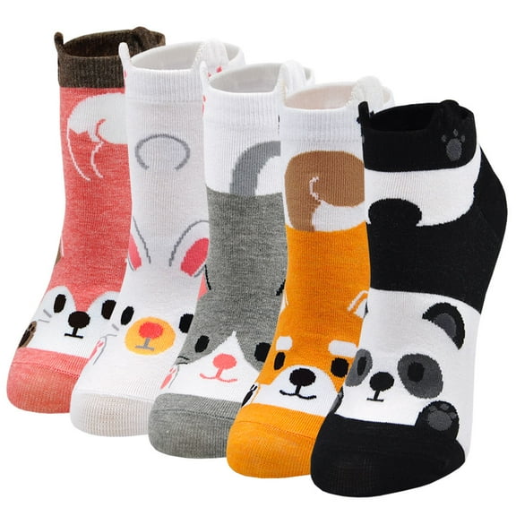 LOFIR Funny Novelty Women's Ankle Socks, Cute Cat Dog Animal Patterns Cozy Cotton Casual Socks for Womens & Girls, 5 Pairs