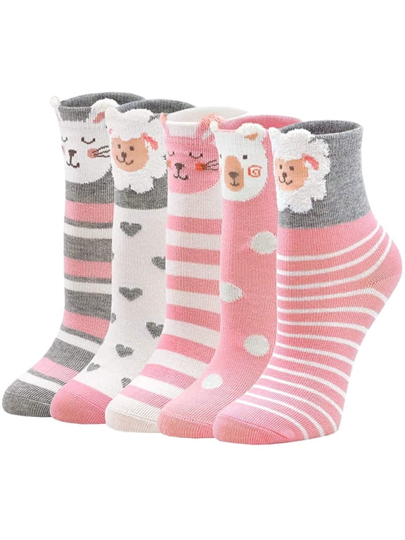 Girls Socks Soft Cotton Novelty Animal Pattern Funny Cute Ankle Socks for Toddler Kids 5-7 Years old, 5 Pairs