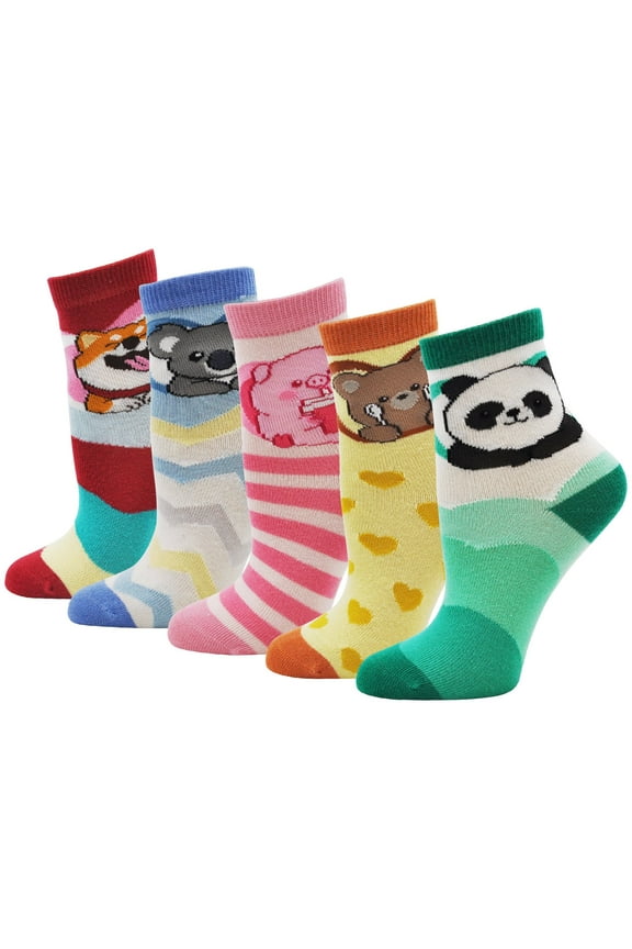 Kids Socks Soft Cotton Animal Pattern Cute Ankle Socks for 8-11 Years Big Boys & Girls, 5 Pairs