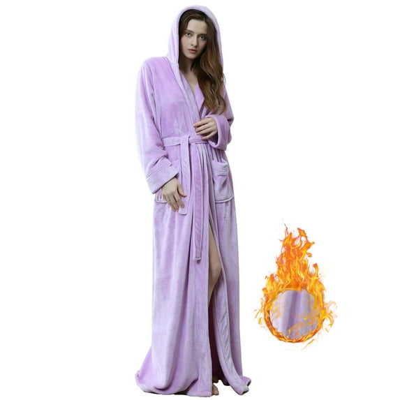 LOFIR Luxury Womens Long Plush Hooded Robe, Flannel Soft Warm Fleece Bathrobes for Women (L, Light Purple)