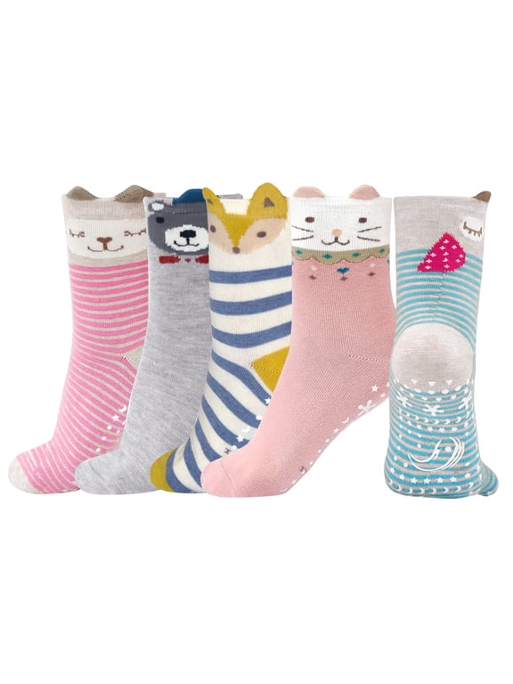 Non-Slip Girls Ankle Socks With Grips - Novelty Cute Animal Pattern Cotton Crew Socks for 8-11 Years Girls & Boys, 5 Pairs