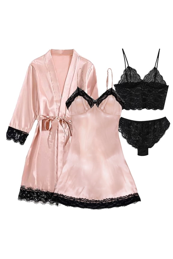 Sexy Lingerie Set for Women – 4-Piece Satin Pajama Set with Floral Lace Top, Shorts, and Robe – Perfect Gift for Women – Pink, L