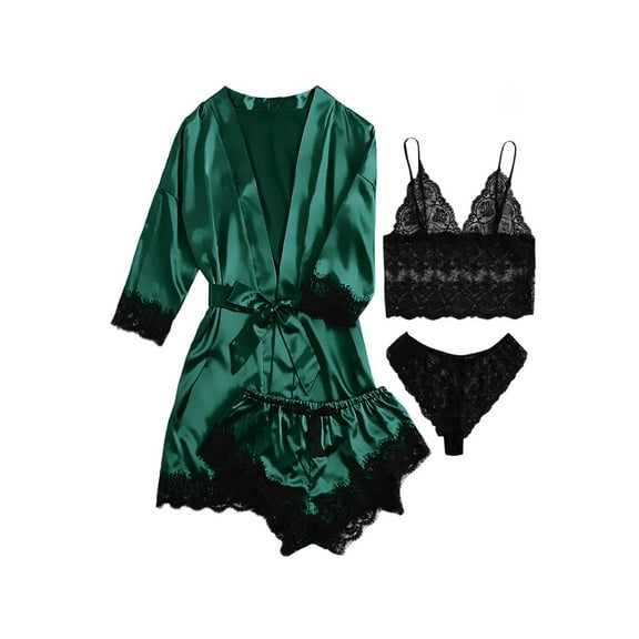 LOFIR Silk Satin Pajamas by LOFIR Women's Pajama Set 3XL Floral Lace Top Shorts and Robe, Deep Green