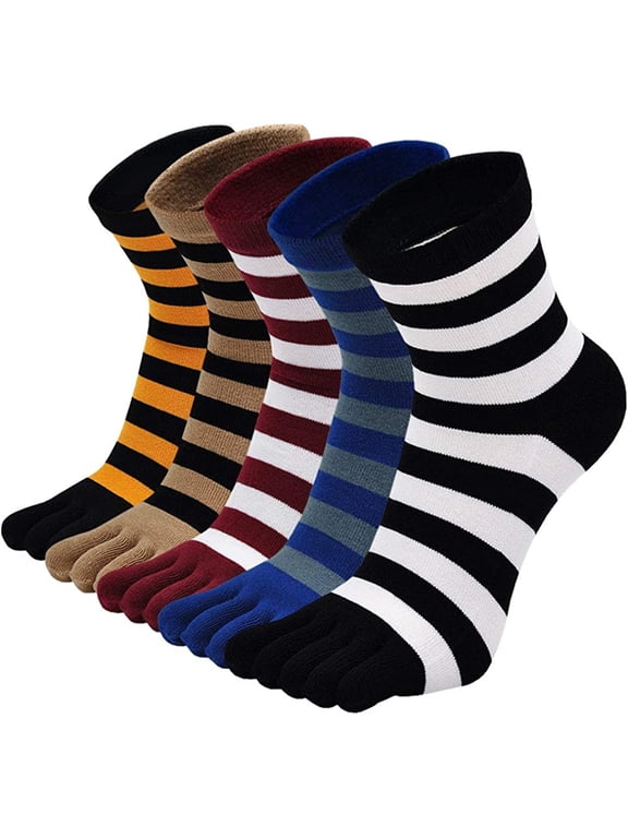 Toe Socks for Men Five Finger Striped Sock Running Athletic Cotton Mens Ankle Socks Size 7-10.5, 5 Pairs