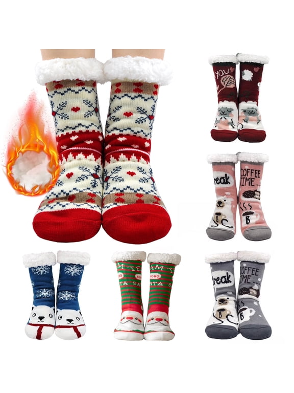 Women Fuzzy Slipper Socks - Non Slip Winter Warm Soft Fluffy Cozy Fleece Lining Home Ladies Socks, Christmas Gift, Size 5-10