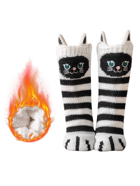 Women Fuzzy Slipper Socks Non Slip Winter Warm Soft Fluffy Cozy Fleece Lining Home Socks, Cat Pattern Socks for Women, Size 5-10