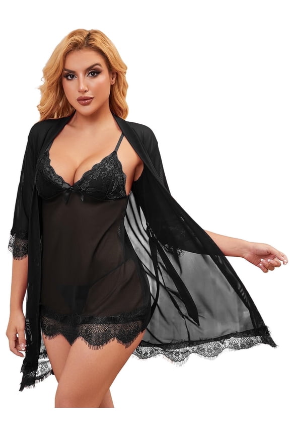 Women Sexy Lingerie Set 3 Piece Lace Kimono Robe Strap Chemise Sleepwear Mesh Nightgown