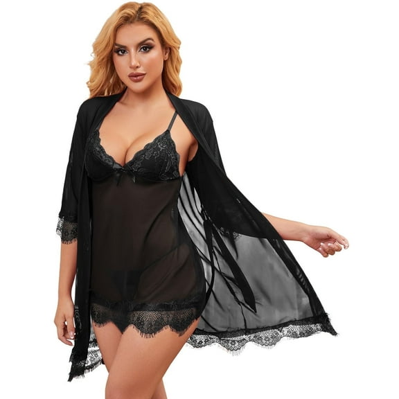 LOFIR Women Sexy Lingerie Set 3 Piece Lace Kimono Robe Strap Chemise Sleepwear Mesh Nightgown