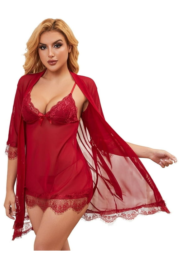 Women Sexy Lingerie Set 3 Piece Lace Kimono Robe Strap Chemise Sleepwear Mesh Nightgown