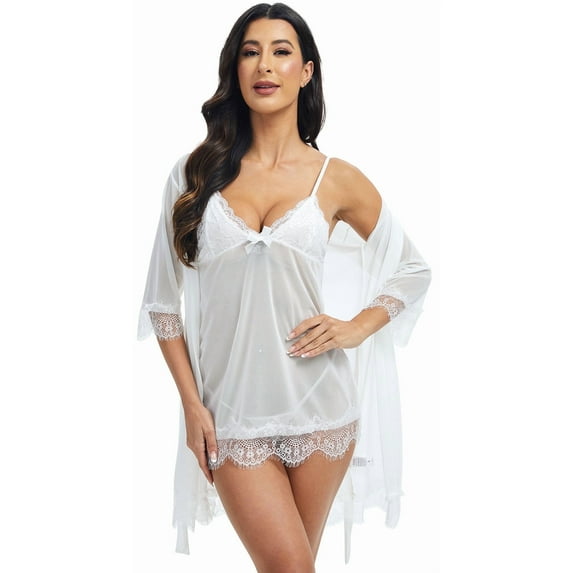 LOFIR Women Sexy Lingerie Set 3 Piece Lace Kimono Robe Strap Chemise Sleepwear Mesh Nightgown
