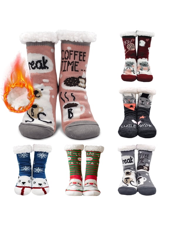 Women Winter Fuzzy Slipper Socks Cute Animal Cozy Warm Thick Fluffy Sherpa Socks with Non Slip Gripper Christmas Socks, Size 5-10