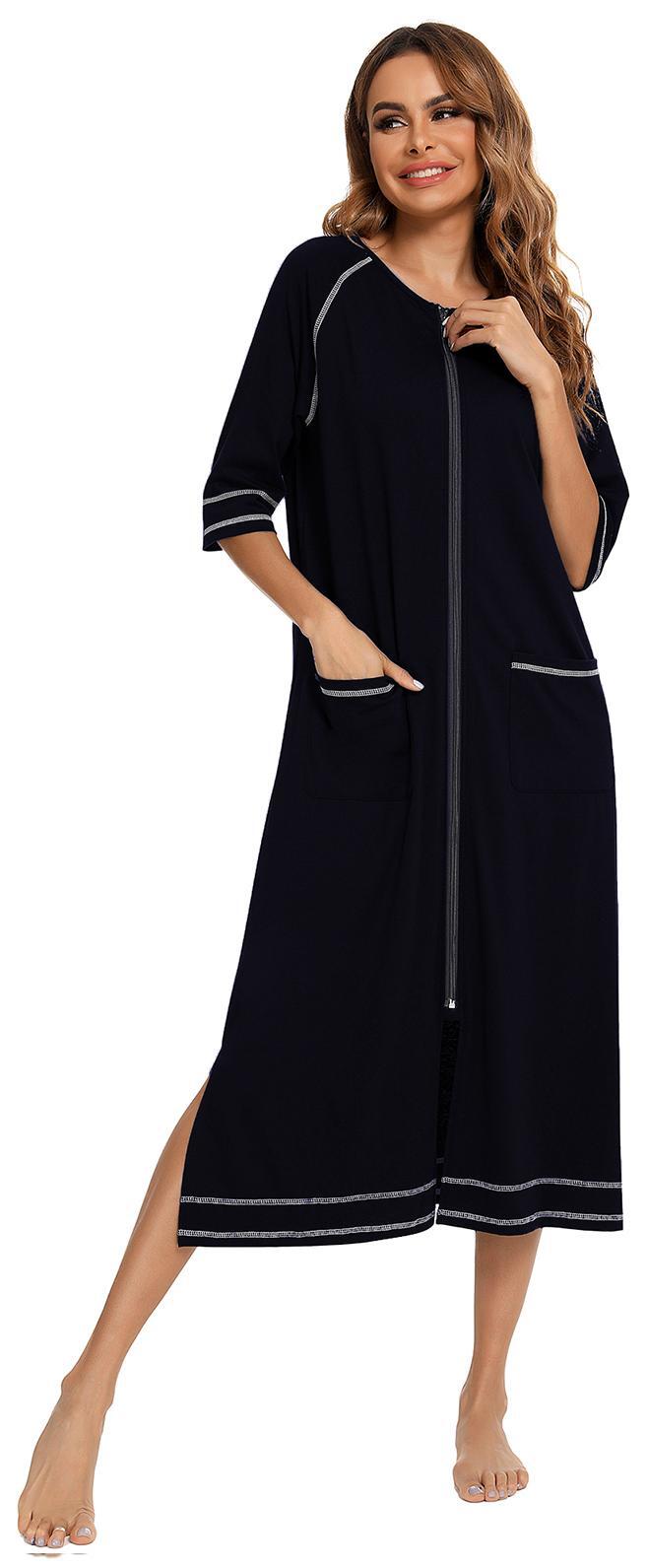 LOFIR Women Zipper Front Robes 3/4 Sleeve Loungewear Pockets Nightgown Loose-Fitting Ladies Long Sleepwear(Black,M) - image 1 of 5