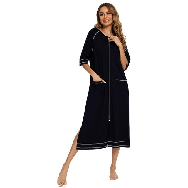 LOFIR Women Zipper Front Robes 3/4 Sleeve Loungewear Pockets Nightgown Loose-Fitting Ladies Long Sleepwear(Black,M)