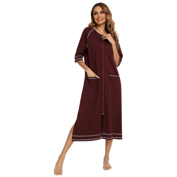 LOFIR Women Zipper Front Robes 3/4 Sleeve Loungewear Pockets Nightgown Loose-Fitting Ladies Long Sleepwear(Burgundy,S)