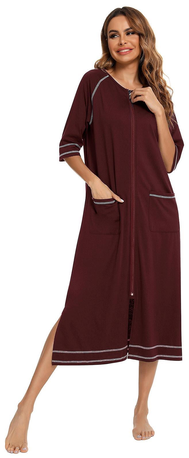 LOFIR Women Zipper Front Robes 3/4 Sleeve Loungewear Pockets Nightgown