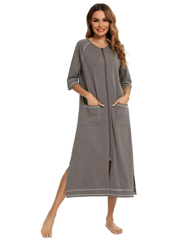 LOFIR Women Zipper Front Robes 3/4 Sleeve Loungewear Pockets Nightgown Loose-Fitting Ladies Long Sleepwear(Grey,L)