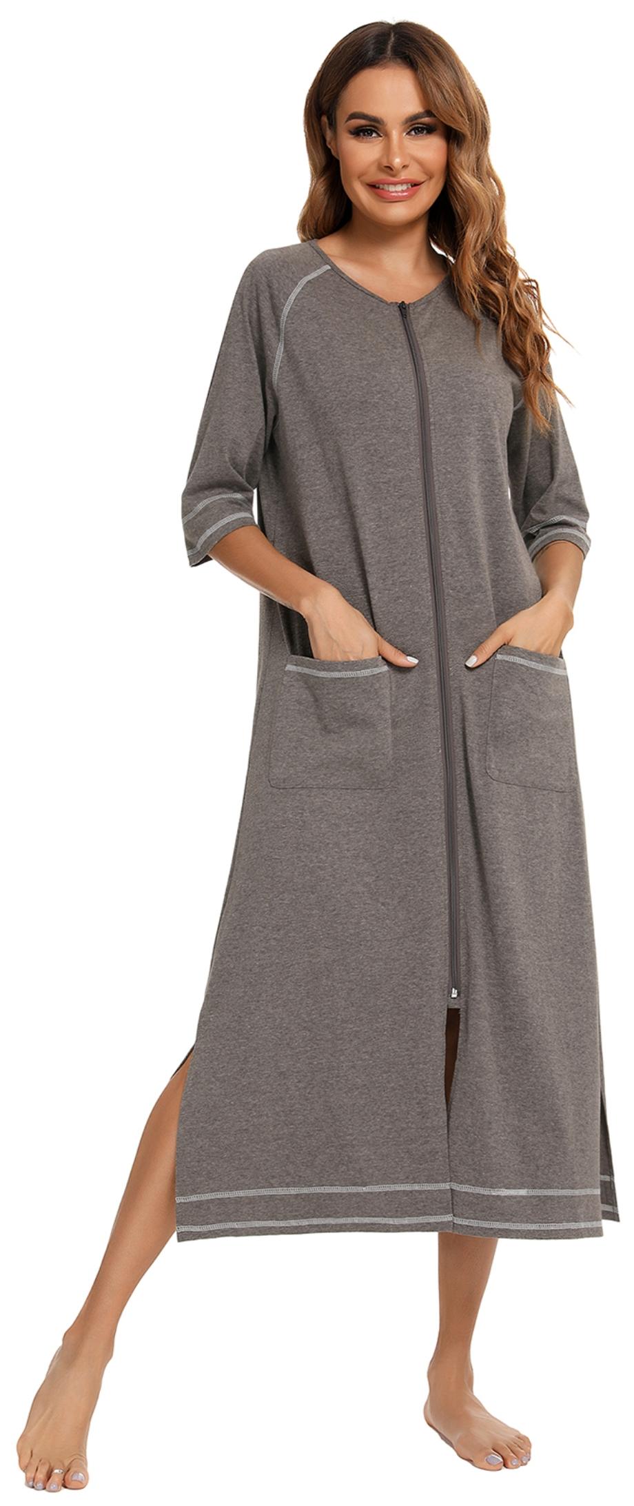 LOFIR Women Zipper Front Robes 3/4 Sleeve Loungewear Pockets Nightgown Loose-Fitting Ladies Long Sleepwear(Grey,L) - image 1 of 7