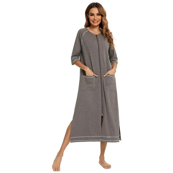 LOFIR Women Zipper Front Robes 3/4 Sleeve Loungewear Pockets Nightgown Loose-Fitting Ladies Long Sleepwear(Grey,M)