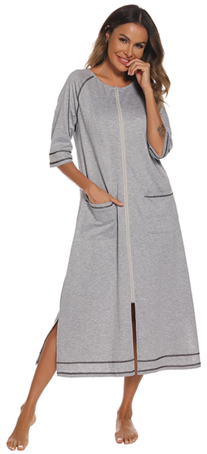 LOFIR Women Zipper Front Robes 3/4 Sleeve Loungewear Pockets Nightgown Loose-Fitting Ladies Long Sleepwear(Light Grey,L) - image 1 of 6
