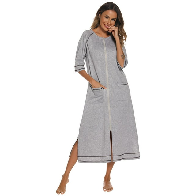 LOFIR Women Zipper Front Robes 3/4 Sleeve Loungewear Pockets Nightgown Loose-Fitting Ladies Long Sleepwear(Light Grey,L)