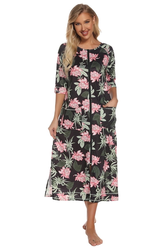 Women Zipper Front Robes 3/4 Sleeve Loungewear Pockets Nightgown Loose-Fitting Ladies Long Sleepwear(Lotus,M)