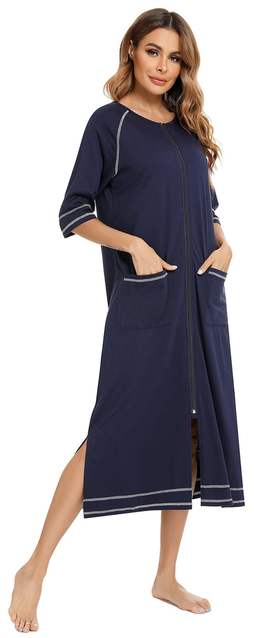 LOFIR Women Zipper Front Robes 3/4 Sleeve Loungewear Pockets Nightgown