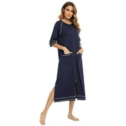 Aherbiu Women Zipper Pajamas Dress Homewear 3/4 Sleeve Nightgown