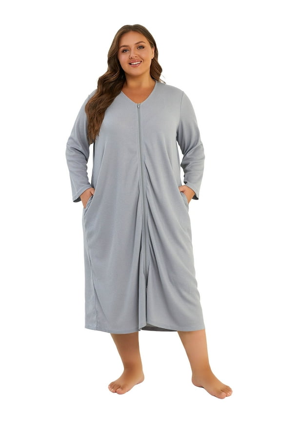 Women Zipper Robe Long Sleeve Loungewear Lightweight Housecoat Full Length Robes for Women with Pockets