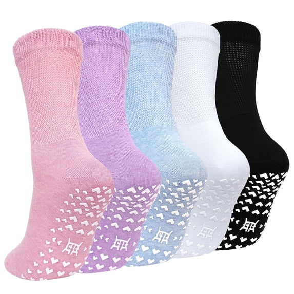 Grip Socks for Women: LOFIR Womens Crew Non Slip Grippy Socks with Grippers, 5 Pairs Non Skid Hospital Socks for Seniors Elderly Women, Nursing Home & Daily Wear, Size11-13