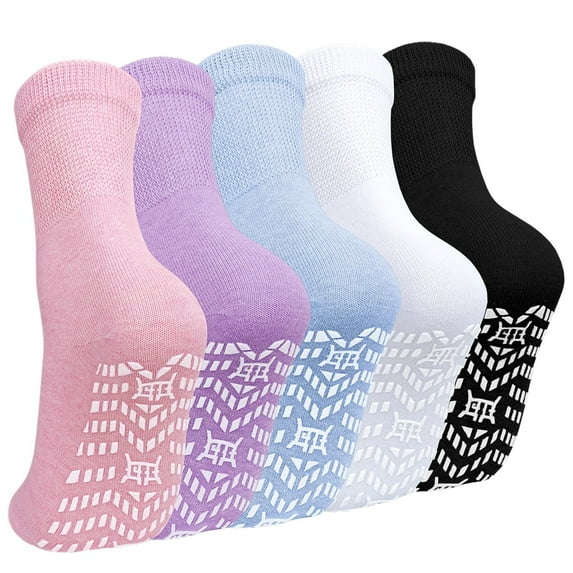LOFIR Women's Non-Slip Grip Socks – 5 Pairs of Rubber-Soled Socks, Perfect for Yoga, Pilates, and Hospital Use, Size 6-9