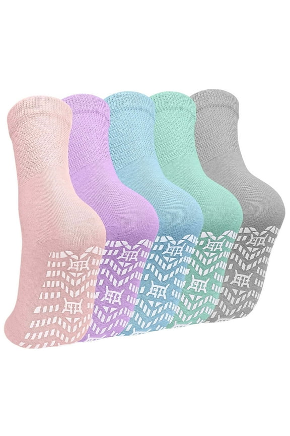 Women's Non-Slip Grip Socks – 5 Pairs of Rubber-Soled Socks, Perfect for Yoga, Pilates, and Hospital Use, Size 9-11