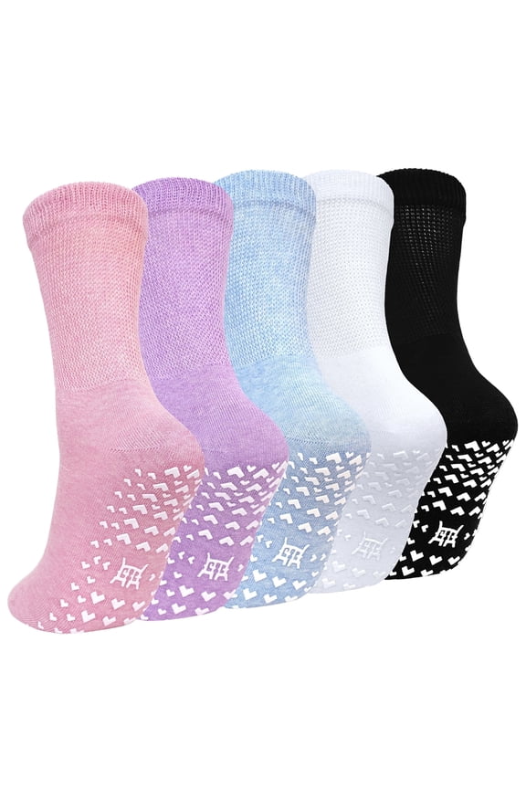 Grip Socks for Women: LOFIR Womens Crew Non Slip Grippy Socks with Grippers, 5 Pairs Non Skid Hospital Socks for Seniors Elderly Women, Nursing Home & Daily Wear, Size9-11