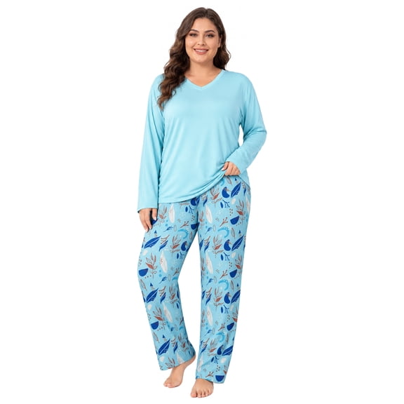 LOFIR Women's Plus Size Pajama Set, Soft Long Sleeve V Neck Top with Floral Print Pants, 2 Piece Lounge Set, Light Blue 3XL