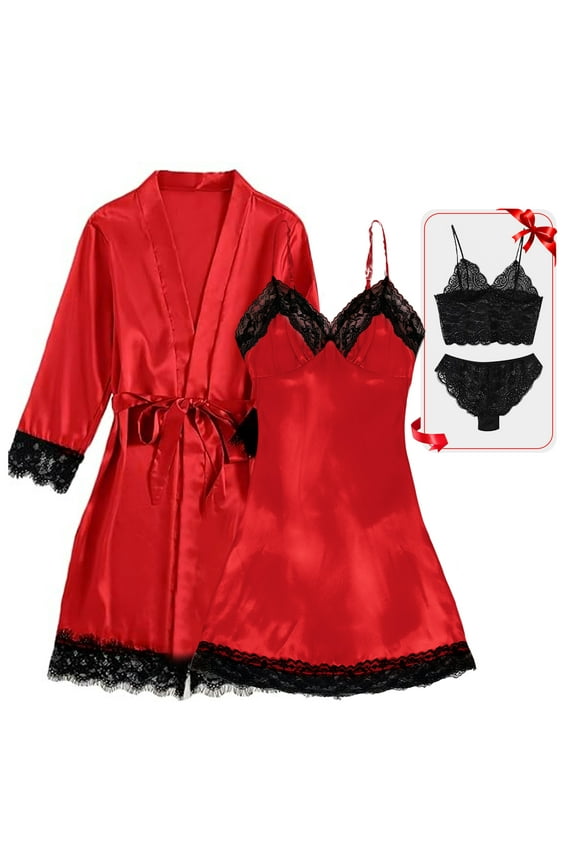 Sexy Lingerie Set for Women – 4-Piece Satin Pajama Set with Floral Lace Top, Shorts, and Robe – Perfect Gift for Women – Red, L