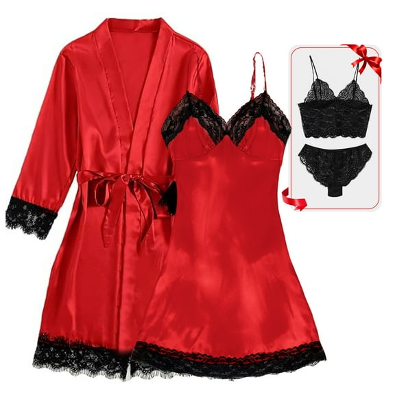 LOFIR Sexy Lingerie Set for Women – 4-Piece Satin Pajama Set with Floral Lace Top, Shorts, and Robe – Perfect Gift for Women – Red, M