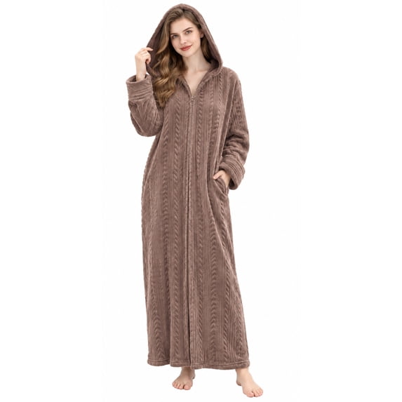 LOFIR Women's Zipper Front Hooded Robe: Long Plush Fleece Bathrobe, Soft Warm Housecoat Sleepwear and Loungewear for Women Coffee 2XL3XL