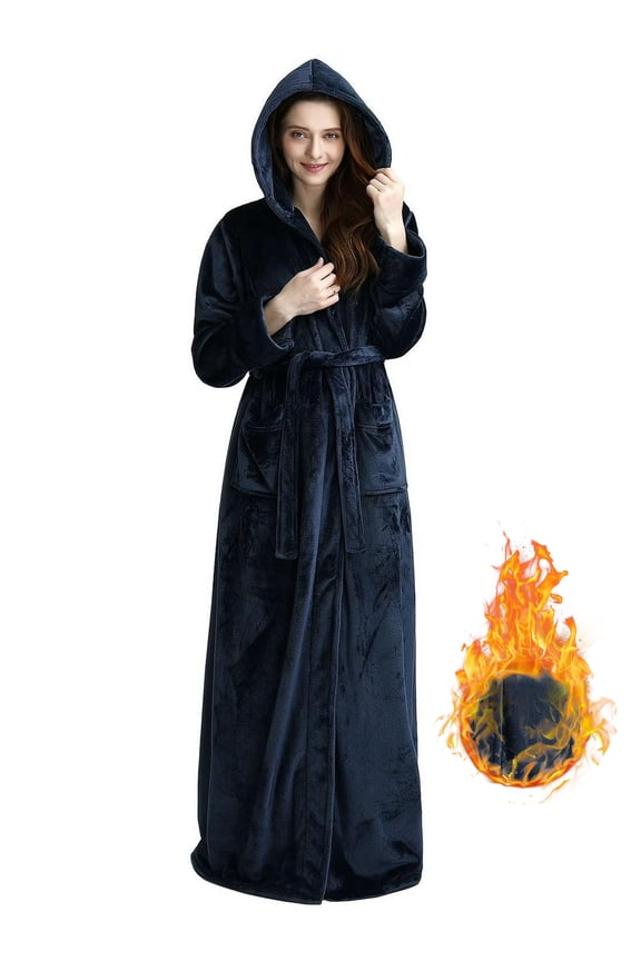 Womens Fleece Hooded Robe - Luxury Soft Warm Fluffy Plush Long Bathrobes for Women (L, Navy Blue)