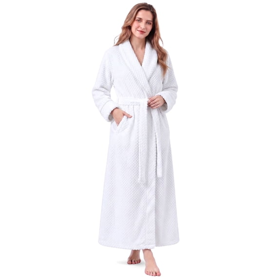 LOFIR Womens Fleece Robe - Comfy Plush Long Bathrobes with Pockets for Women, Ladies Sleepwear (L/XL, White)