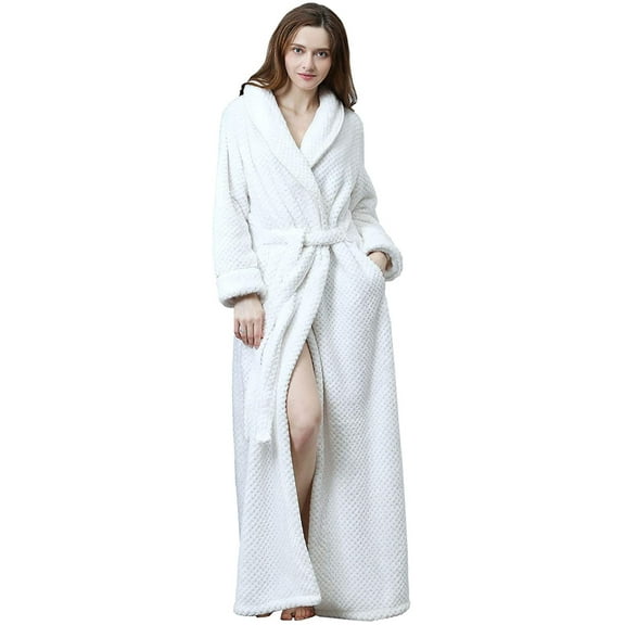 LOFIR Womens Fleece Robe - Comfy Plush Long Bathrobes with Pockets for Women, Ladies Sleepwear (S/M, White)