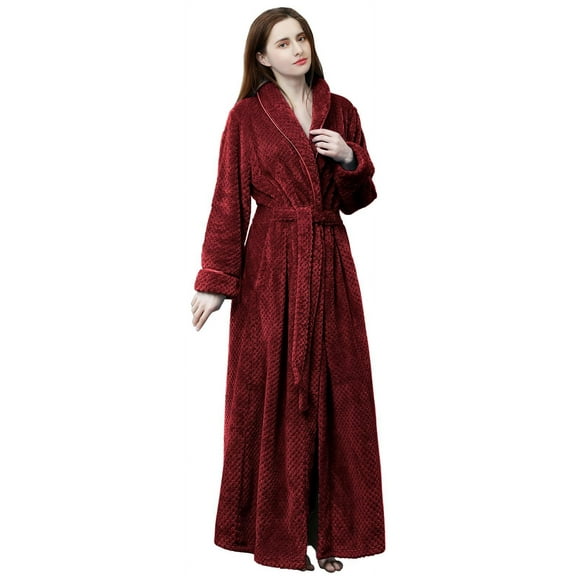 LOFIR Womens Fleece Robe - Comfy Warm Plush Long Bathrobes for Women, Ladies Sleepwear (L/XL, Wine Red)