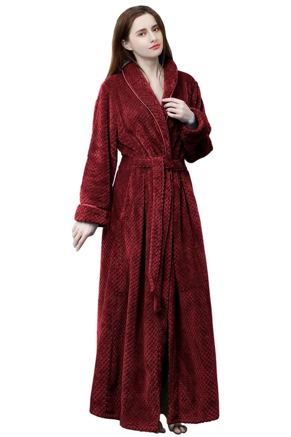 Womens Fleece Robe - Comfy Warm Plush Long Bathrobes for Women, Ladies Sleepwear (L/XL, Wine Red)
