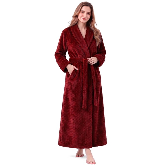 LOFIR Womens Fleece Robe - Comfy Warm Plush Long Bathrobes for Women, Ladies Sleepwear (L/XL, Wine Red)