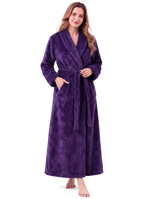 Womens Fleece Robe - Soft Warm Plush Long Bathrobes for Women, Ladies Sleepwear (L/XL, Purple)