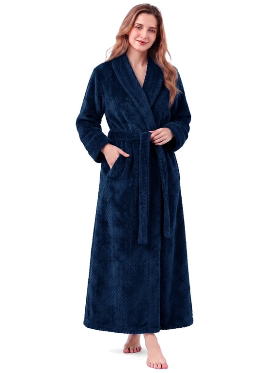 Womens Fleece Robe - Soft Warm Plush Long Fluffy Bathrobes for Women, Ladies Sleepwear (L/XL, Navy Blue)