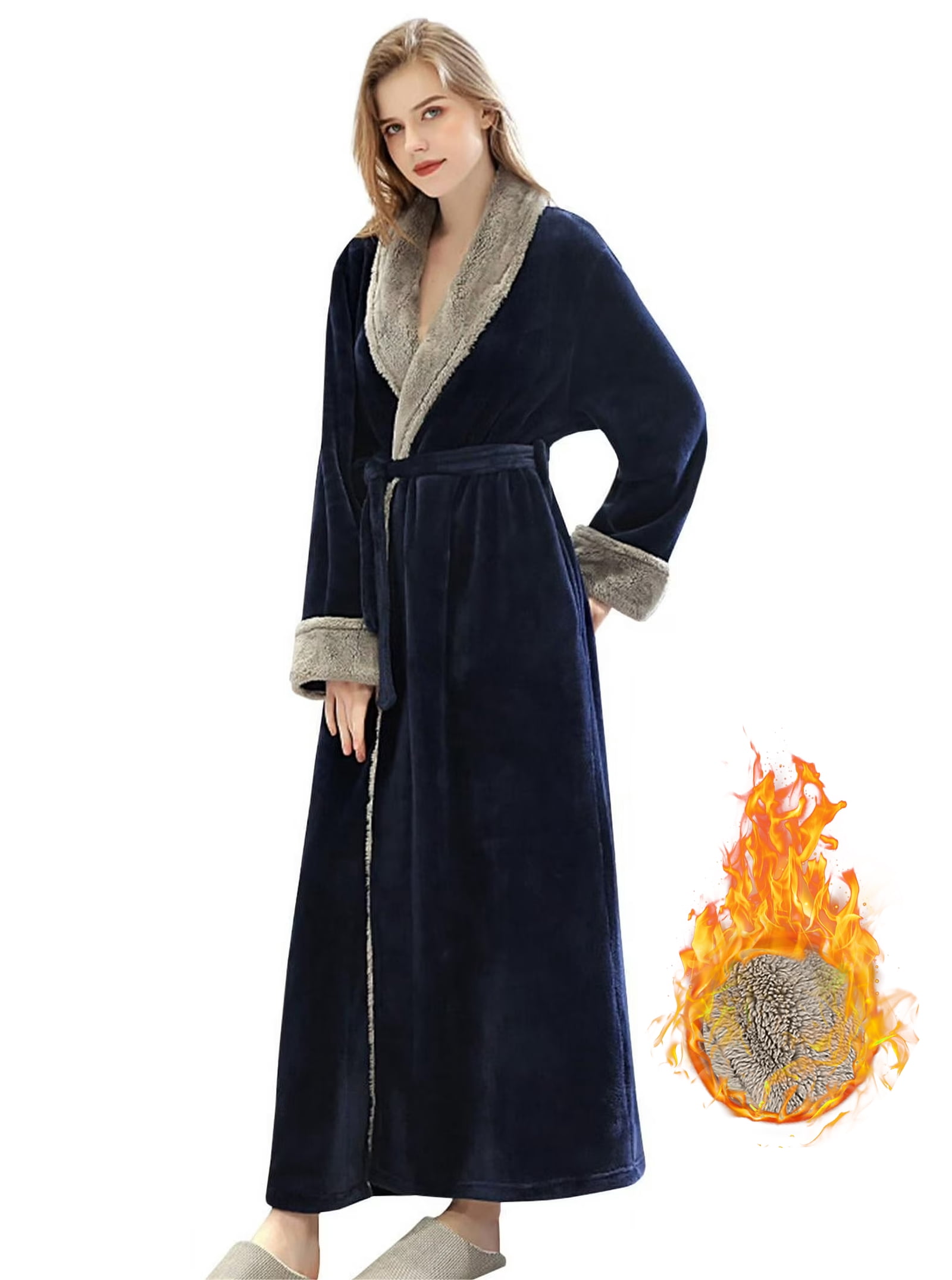 LOFIR Womens Fleece Full Length Bathrobe, Warm Flannel Spa Robe with ...