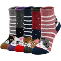 LOFIR Womens Fuzzy Socks, Cozy Winter Warm Fluffy Cute Cat Animal Home Slipper Ankle Socks for Women and Girls, 5 Pack