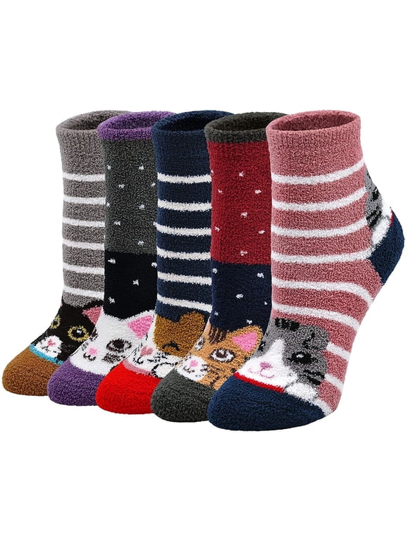 Womens Fuzzy Socks, Cozy Winter Warm Fluffy Cute Cat Animal Home Slipper Ankle Socks for Women and Girls, 5 Pack
